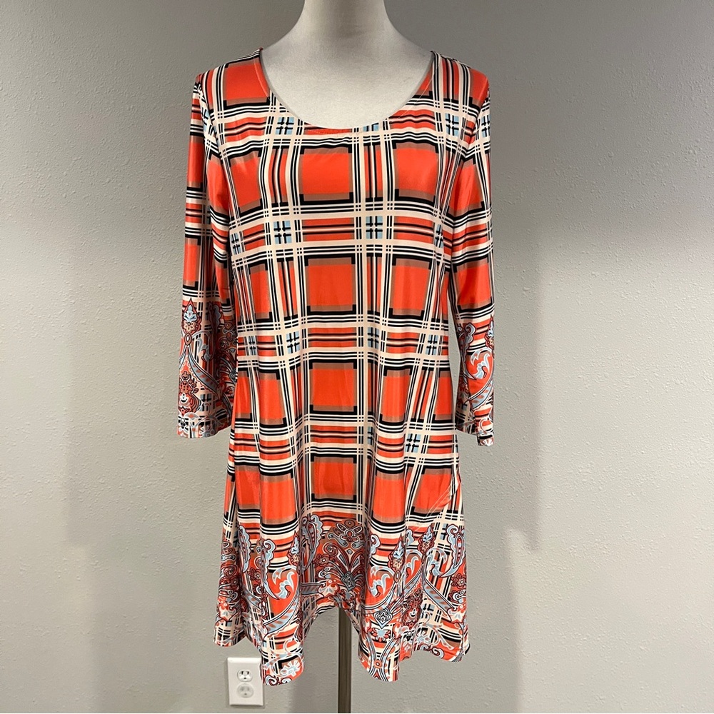 Orange Plaid & Paisley Scoop Neck long sleeve mini dress size medium